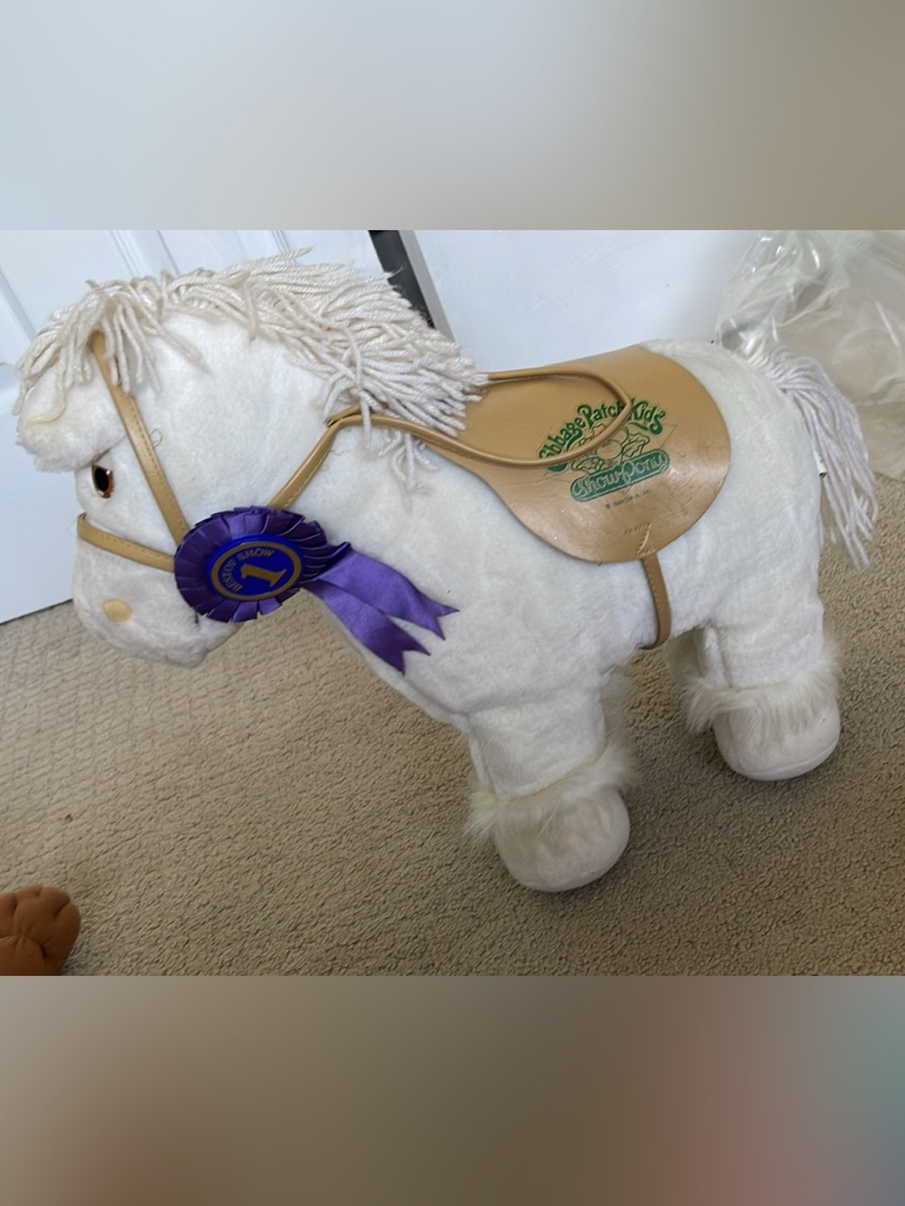 White Show Pony with Tan Saddle and Purple Ribbon - Cabbage Patch Kids